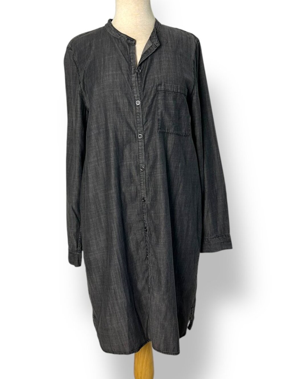 Eileen Fisher Cotton Blend Mandarin Collar Button Up Shirt Dress Gray Chambray M